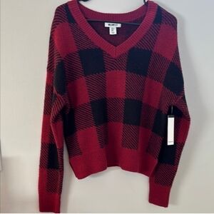 William Rast Buffalo Plaid V-Neck Croppec Sweater Red Black Fuzzy Knit, Size S